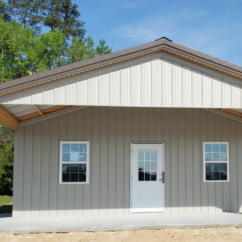 Post,Frame,Pool,House,And,Storage;,Brown,Metal,Roofing,,Tan